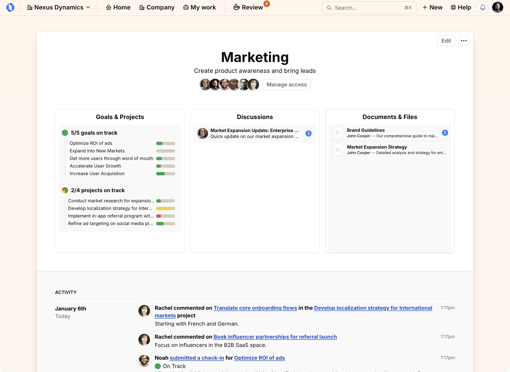 Screenshot: Space overview showing goals, projects, and discussions