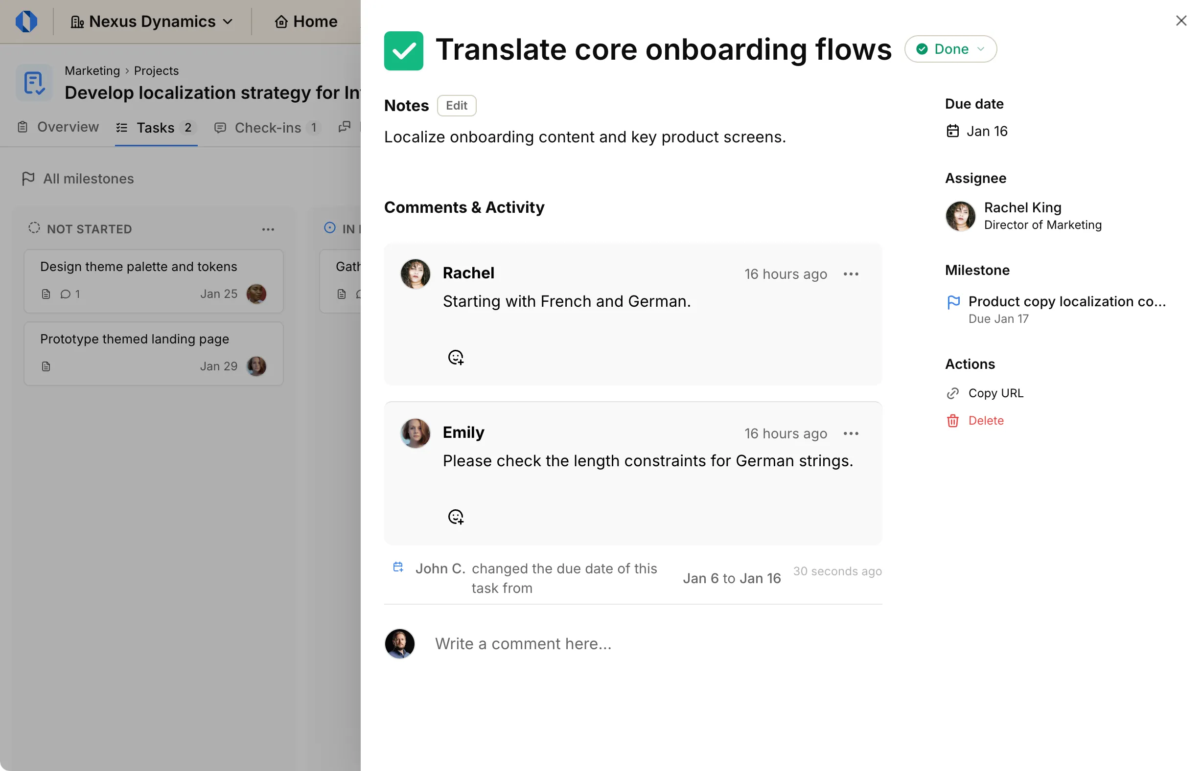 Screenshot: Task slide-in view